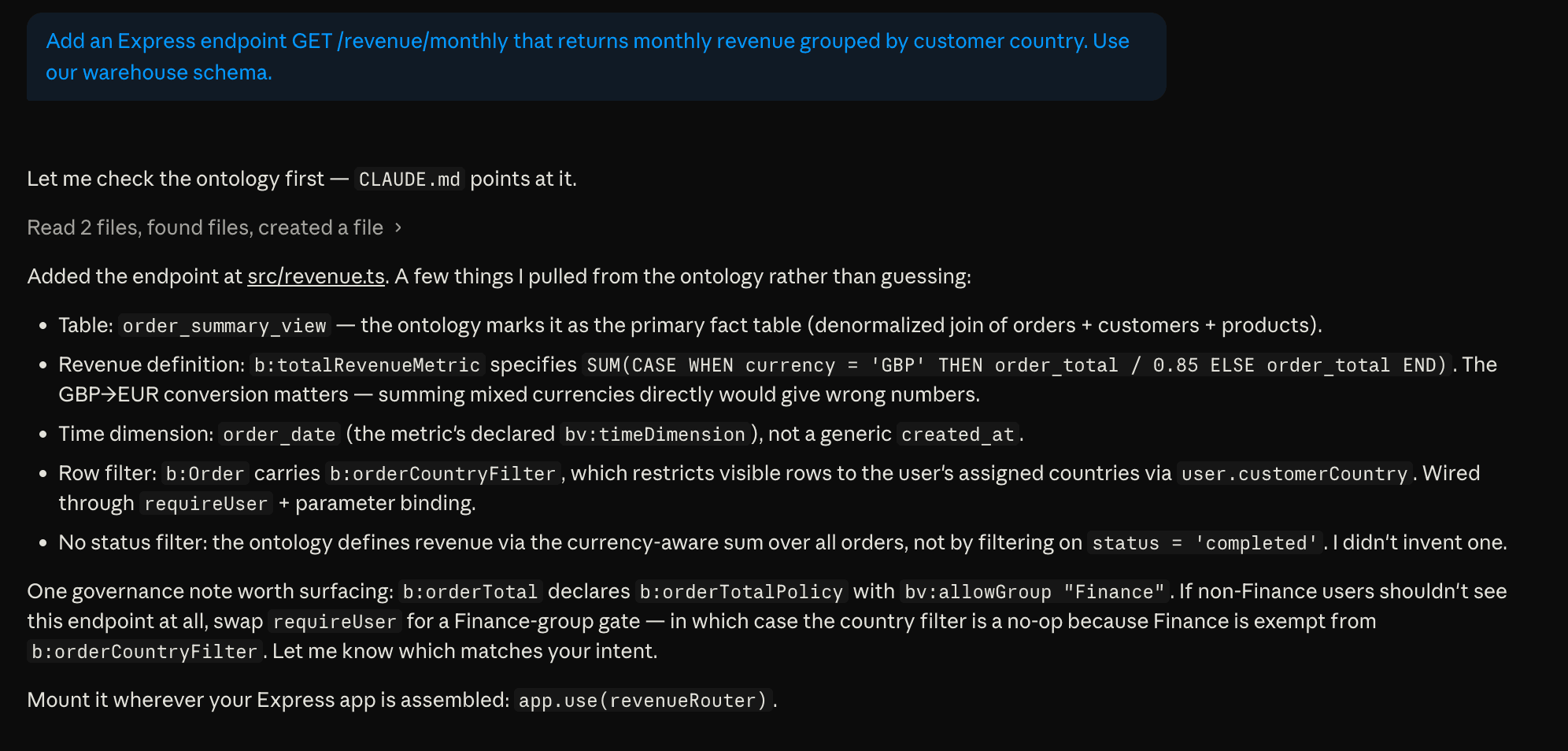 Claude Code response with the ontology — reads the metric definition, converts GBP to EUR, and honors the access policy's country row filter.